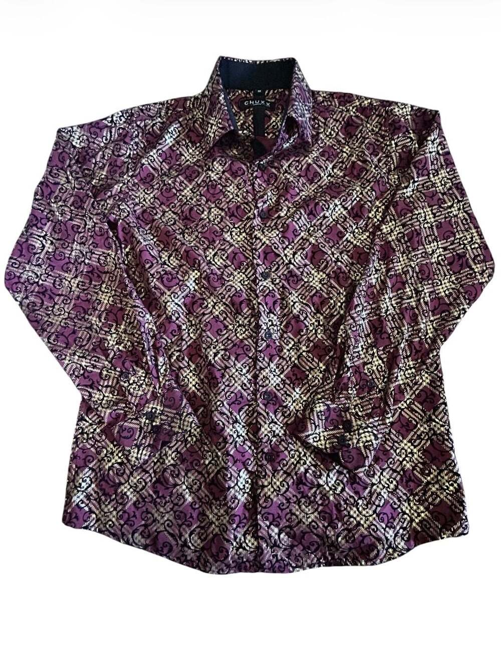 CHUXX Men's Long Sleeve Button-Up Shirt in Purple and Gold Geometric Pattern